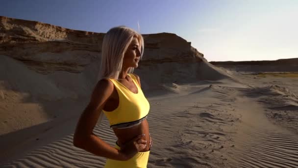 Young Athlete Woman Stretches Beach — Stock Video