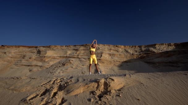 Young Athlete Woman Stretches Beach — Stock Video