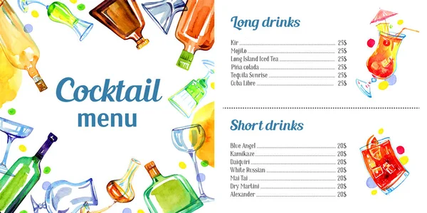 Bar menu design template. Color glass alcohol bottles and drinking glasses. Watercolor hand drawn sketch illustration