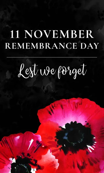 Remembrance day vertical banner design. Poppy flower on the bottom of the page with title on black textured background