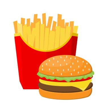 Hamburger ve kızarmış patates beyaz arka plan üzerinde izole. vektör çizim.