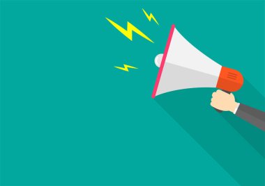 Web sitesi tanıtım ve reklam düz stilde tutan el ile megafon. vektör çizim.