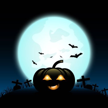 Cadılar Bayramı Balkabağı'yarasalar, ay ışığı ile mezarında. vektör çizim.
