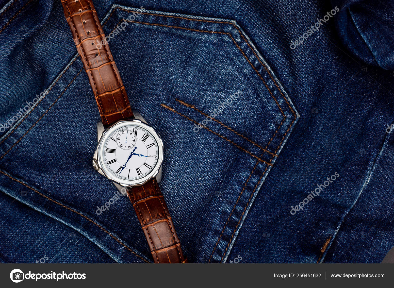 Watch Glasses Blue Jeans Stock Photo fallenworms 256451632