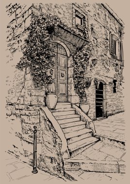 İtalya, Tuscany. Eski taş ev. Dijital kroki el çizim şekil.