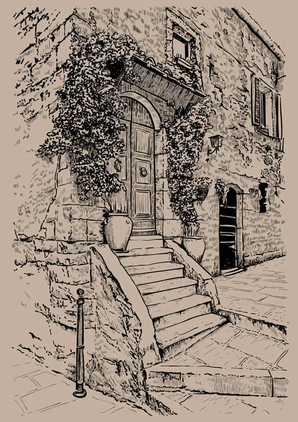 Itália, Toscana. Uma velha casa de pedra. Desenho digital ilustração de desenho de mão . —  Vetores de Stock