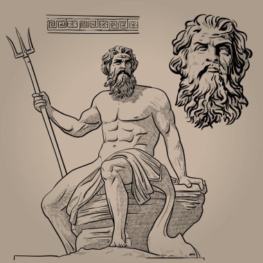 Poseidon. Tanrı'nın deniz, deprem, toprak, fırtınalar ve atlar. Dijital kroki el çizim vektör çizim
