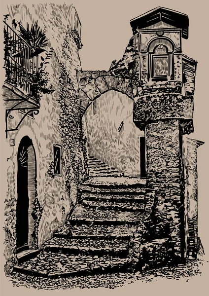 Старе Місто Вулиця Італія Старий Кам Яний Будинок Дуги Кроки — стоковий вектор