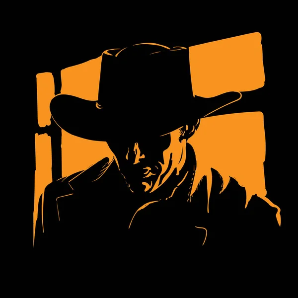 Man with cowboy hat silhouette in backlight. Vector. Illustration. — Stock Vector