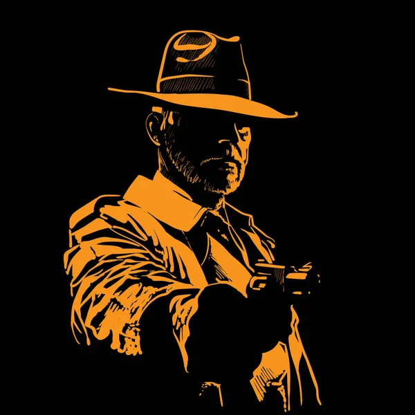 Hombre con sombrero y pistola. Silueta de retrato en contraluz. Contorno. Vector. Ilustración . — Vector de stock