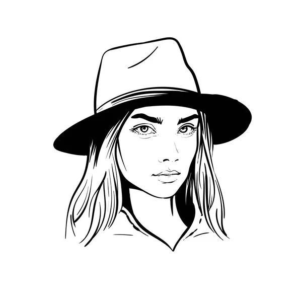 Девушка Шляпе Черно Белый Вектор — стоковый вектор