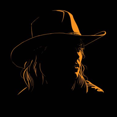 Girl with cowboy hat silhouette in contrast backlight. Illustration. clipart