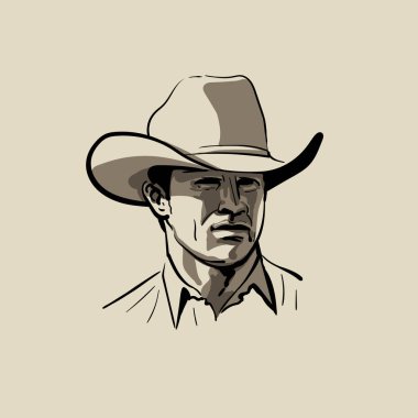 Kovboy şapkalı adam. Western. Portre. Dijital Çizim El Çizim Vektörü.