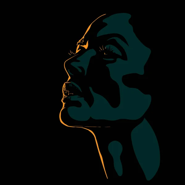 Woman face silhouette in contrast backlight. Vector. Illustration. Orange and Teal Color.