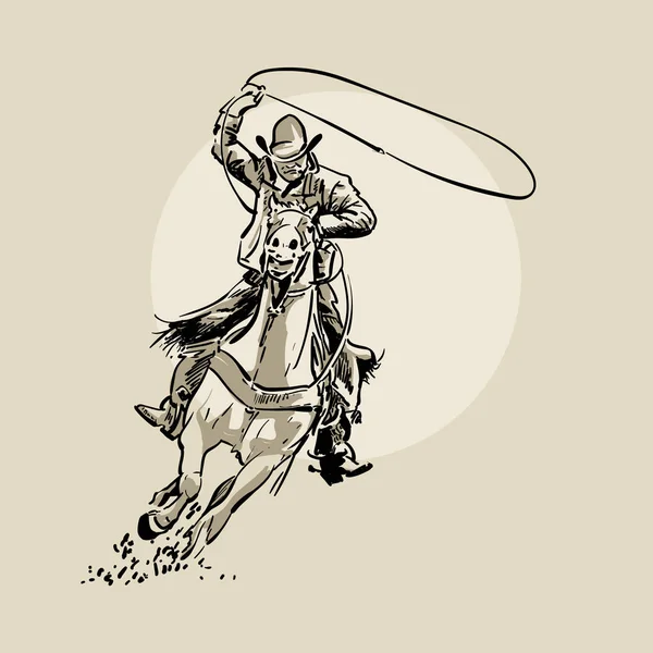 Un cow-boy américain qui monte à cheval et lance du lasso. Illustration vectorielle dessinée main. Croquis à la main. Illustration. Vecteur . — Image vectorielle