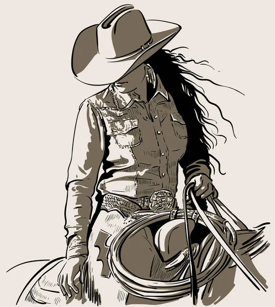 Kvinna med cowboyhatt. Cowboy flicka ridning häst med lasso. Handritad vektor illustration. Illustration. Vektor. — Stock vektor