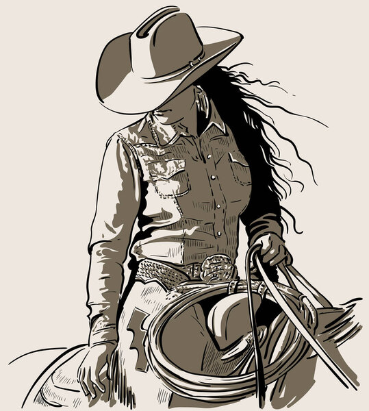 Woman with a cowboy hat. Cowboy girl riding horse with lasso. Hand drawn vector illustration. Illustration. Vector.
