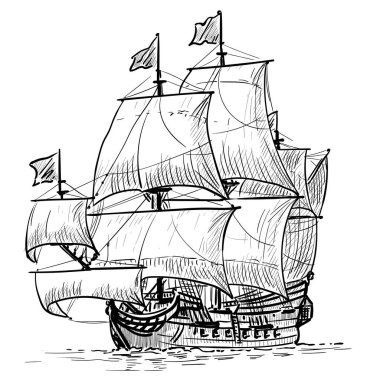 Dalgalar üzerinde YelkenLi Gemi vintage fırkateyn. El çizilmiş vektör illüstrasyon. El çizimi. Illüstrasyon.