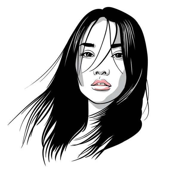 Asian girl portrait. Vector. Black and white ink style. Illustration. — Stock Vector