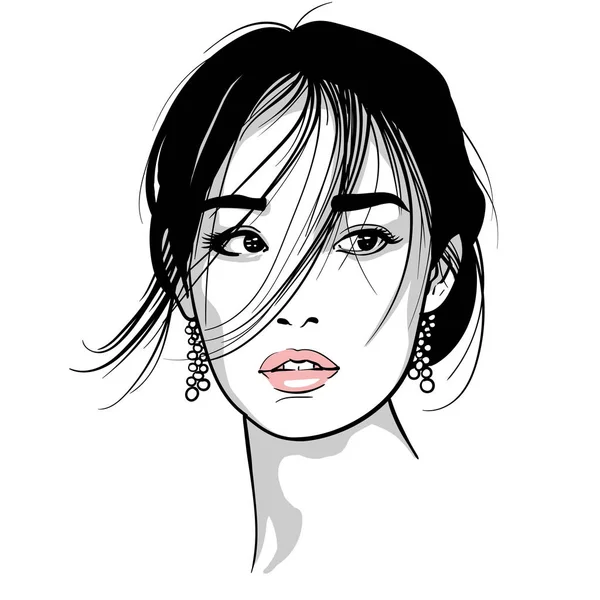 Asian girl portrait. Vector. Black and white ink style. Illustration. — Stock Vector