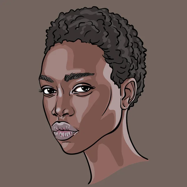 Afrikalı Kadın yüz. Portre karikatür tarzı. Vektör. Illüstrasyon.