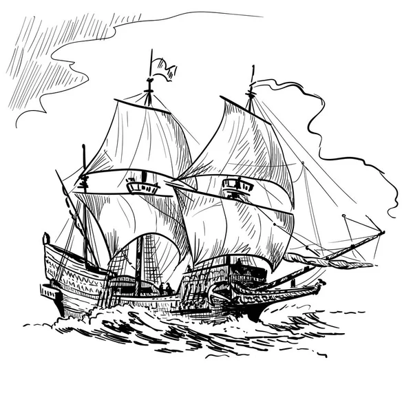 帆船船老式护卫舰在海浪上。手绘矢量插图。手绘。插图. — 图库矢量图片