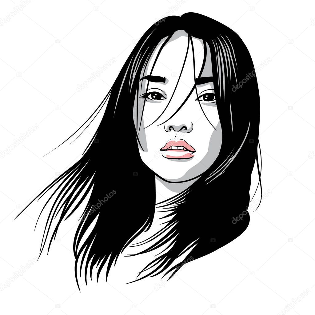 Asian girl portrait. Vector. Black and white ink style. Illustration.