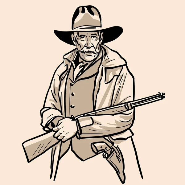 Alter Sheriff mit Hut und Gewehr. Cowboygesicht. — Stockvektor