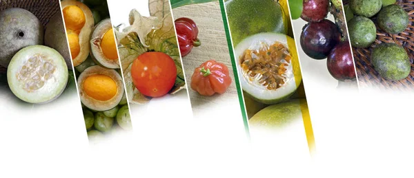 Collage of photos of Brazilian fruits, on white background: jenipapo, pequi, phisalis, pitanga, maracuja, jaboticaba, caja