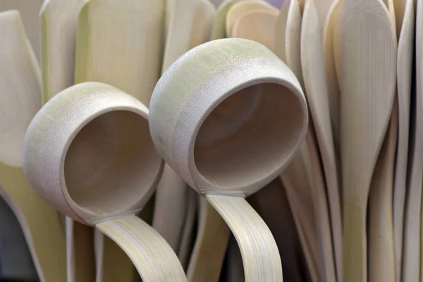 Closeup of set of bamboo food ladle