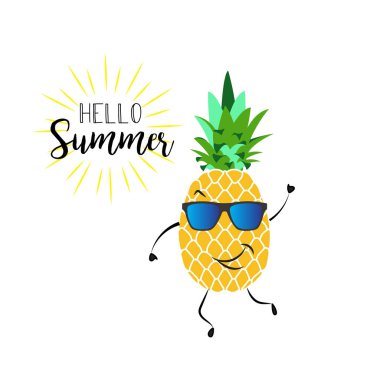Şirin komik ananas beyaz arka plan üzerinde dans. Merhaba yaz yazı. Tatil duygu. Yaz ilham şablonu