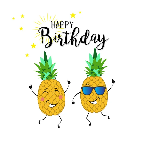 Ładny Zabawny Ananas Białym Tle Happy Birthday Napis Atmosferę Wakacji — Wektor stockowy
