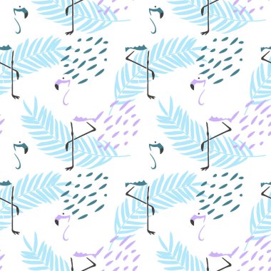 Soyut tropikal doku. Flamingo ve palmiye yaprağı el kompozisyon yaz duygu sorunsuz vektör desen çizmek.