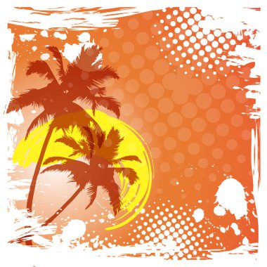 Merhaba yaz yazı. Palmiye ağaçları degrade günbatımı. Tropik cennet arka plan. Grunge tasarım