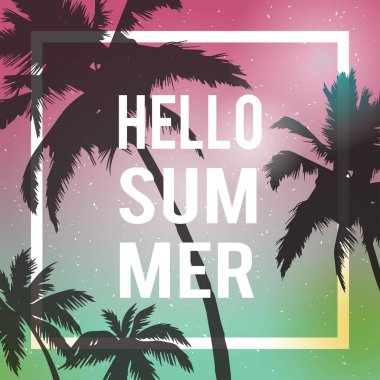 Merhaba yaz yazı. Palmiye ağaçları degrade günbatımı. Tropik cennet arka plan