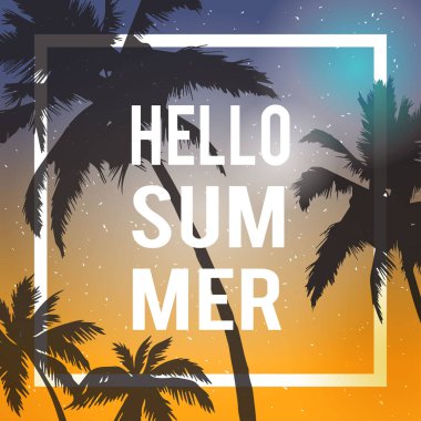 Merhaba yaz yazı. Palmiye ağaçları degrade günbatımı. Tropik cennet arka plan