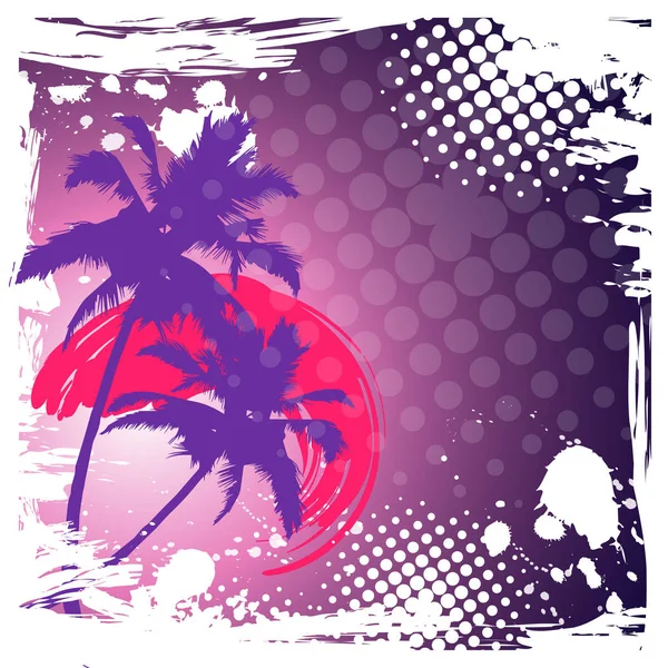 Hello Summer Lettering Palm Trees Gradient Sunset Inglês Background Paradise —  Vetores de Stock