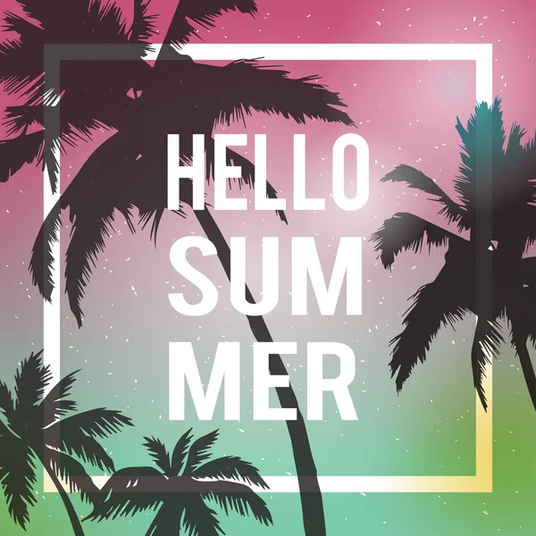 Merhaba yaz yazı. Palmiye ağaçları degrade günbatımı. Tropik cennet arka plan