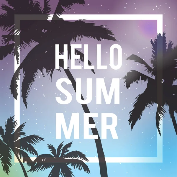 Merhaba yaz yazı. Palmiye ağaçları degrade günbatımı. Tropik cennet arka plan