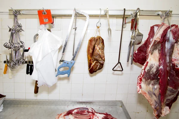 Lugar Trabajo Butcher Beef Porcino Pendiendo Hook — Foto de Stock