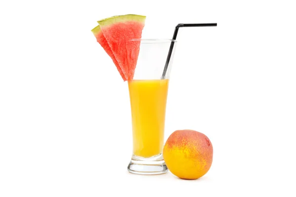 Üveg Görögdinnye Elszigetelt Fehér Background Peach Juice — Stock Fotó