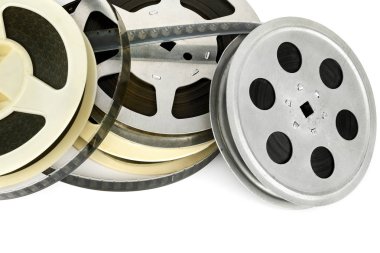 Film şeridi üzerinde izole beyaz arka plan. Retro nesneler. Metin için boş alan.