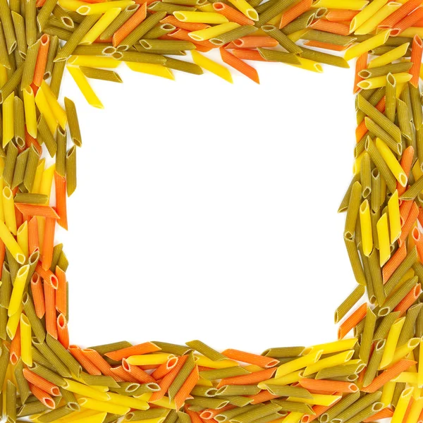 Colored Dry Macaroni Isolated White Background Square Frame Pasta Free — Stock Photo, Image