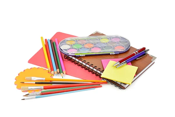 Colored Pencils Paints Notebooks Other Stationery Isolated White Background — Stock Photo, Image