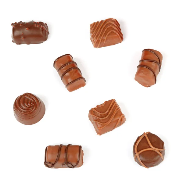 Assortiment Bonbons Chocolat Isolés Sur Fond Blanc Couché Plat Vue — Photo