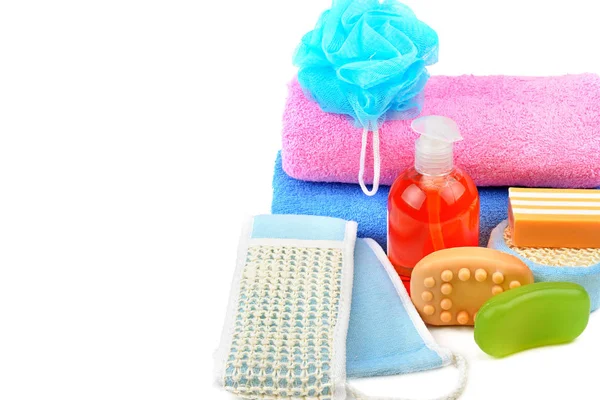 Cotton Towels Cosmetic Soap Sponge Shampoo Isolated White Background Free — Stock Photo, Image