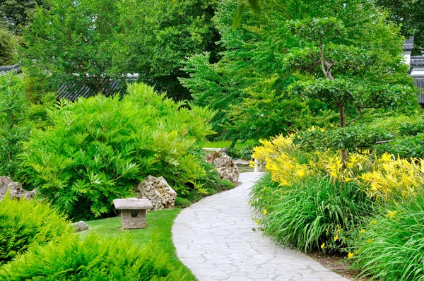 Parco Estivo Con Sentieri Fiori Gialli Una Luminosa Giornata Sole — Foto Stock