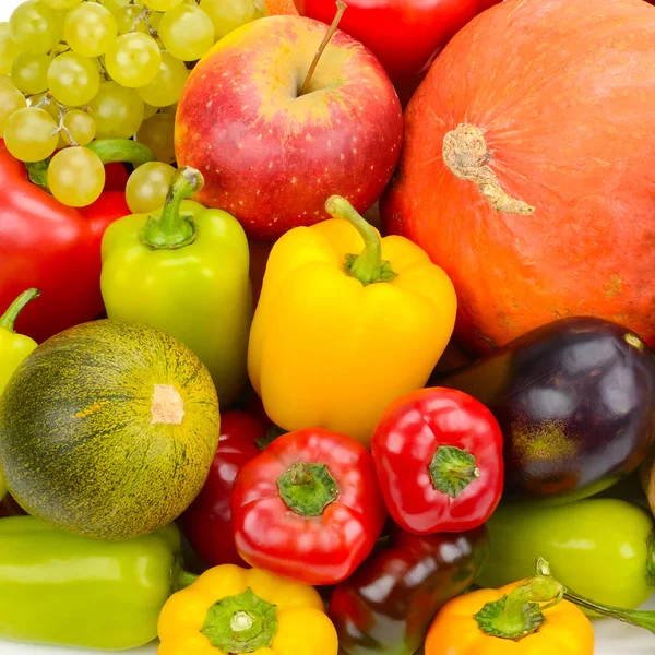 Egy Sor Friss Zöldségek Gyümölcsök Világos Szép Háttér — Stock Fotó