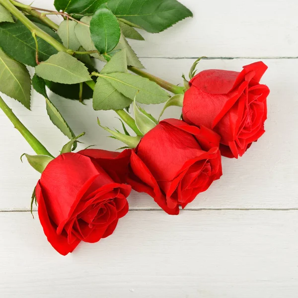 Красивые Красные Розы Белом Деревянном Фоне Квартира Лежала Вид Сверху — стоковое фото