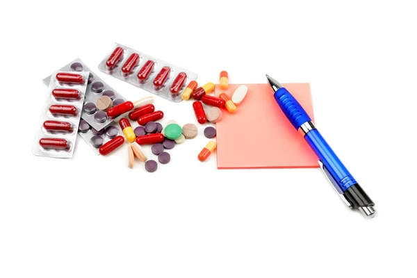 Medical Preparations Pill Capsules Empty Prescription Ballpoint Pen Isolated White — Stock Photo, Image